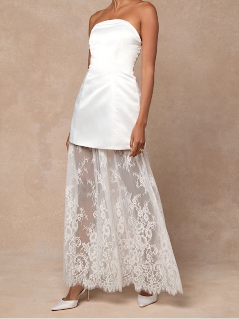 Lulu’s white Winslet Satin Sheer Hem Strapless Maxi Dress Women’s sz L NWT